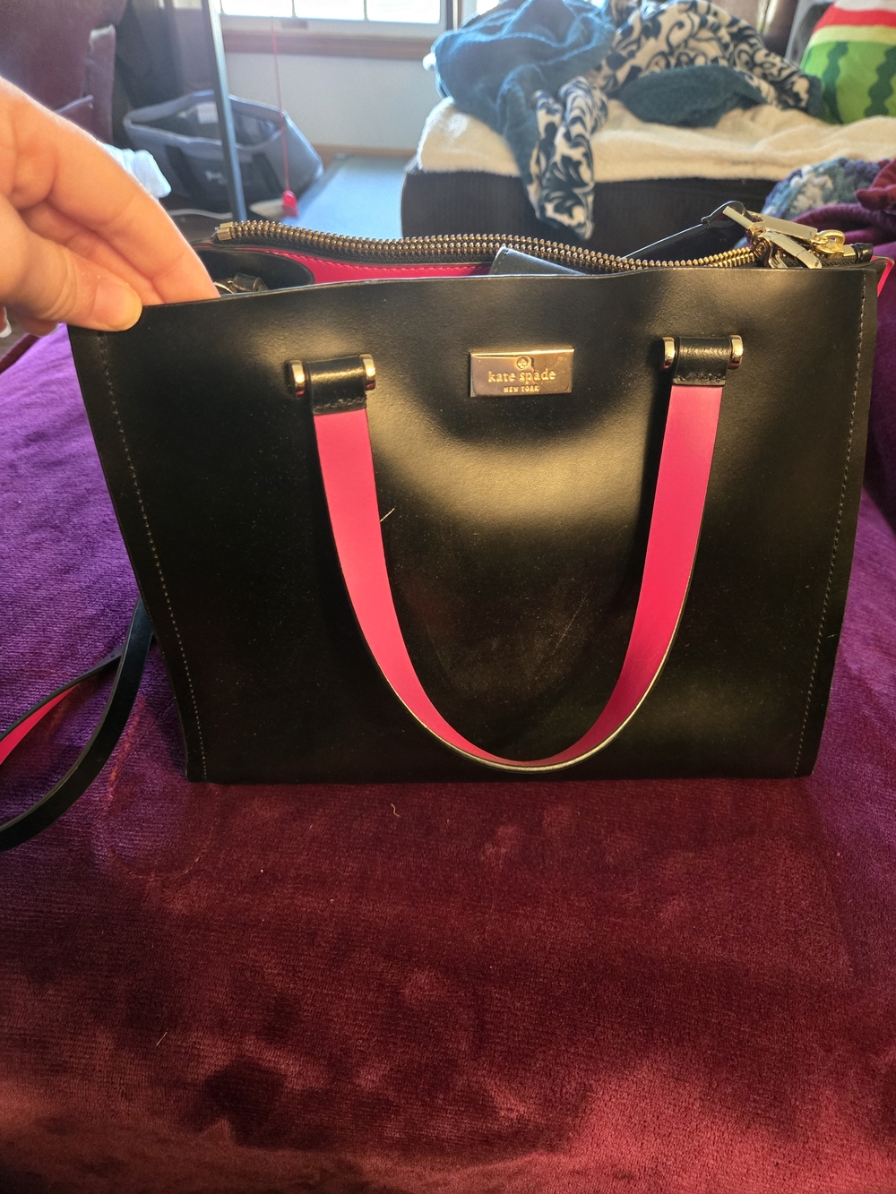 kate spade Black Leather Tote with Pink Handles